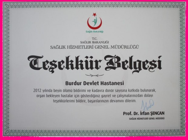 burdur saglik mudurlugu tesekkur belgesi